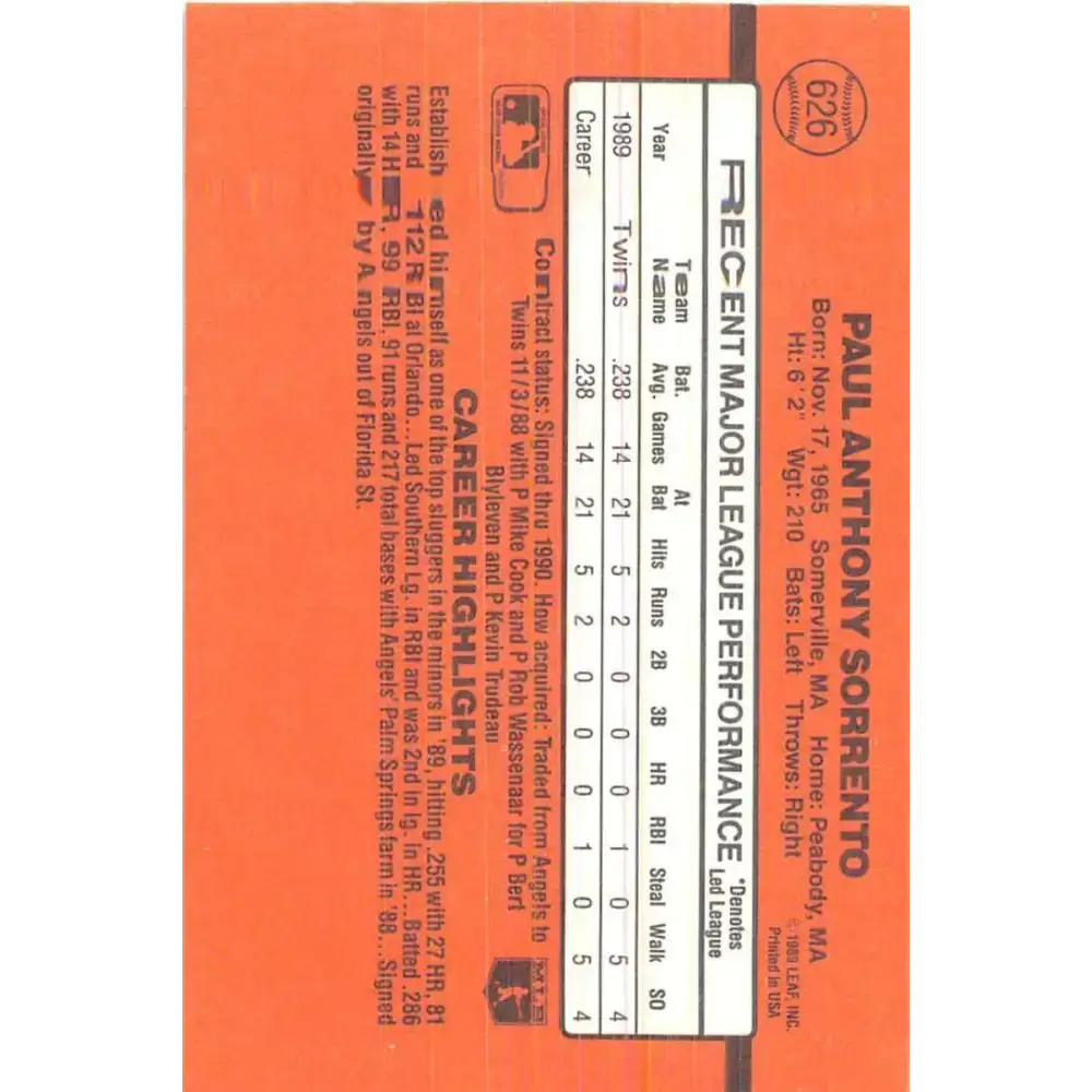 1990 Donruss #626 Paul Sorrento DP VG-EX RC Rookie Minnesota Twins Baseball Card - Baseball Card Single