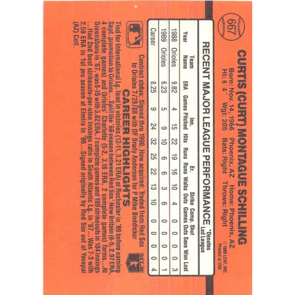 1990 Donruss #667 Curt Schilling VG-EX Baltimore Orioles Baseball Card - Baseball Card Single