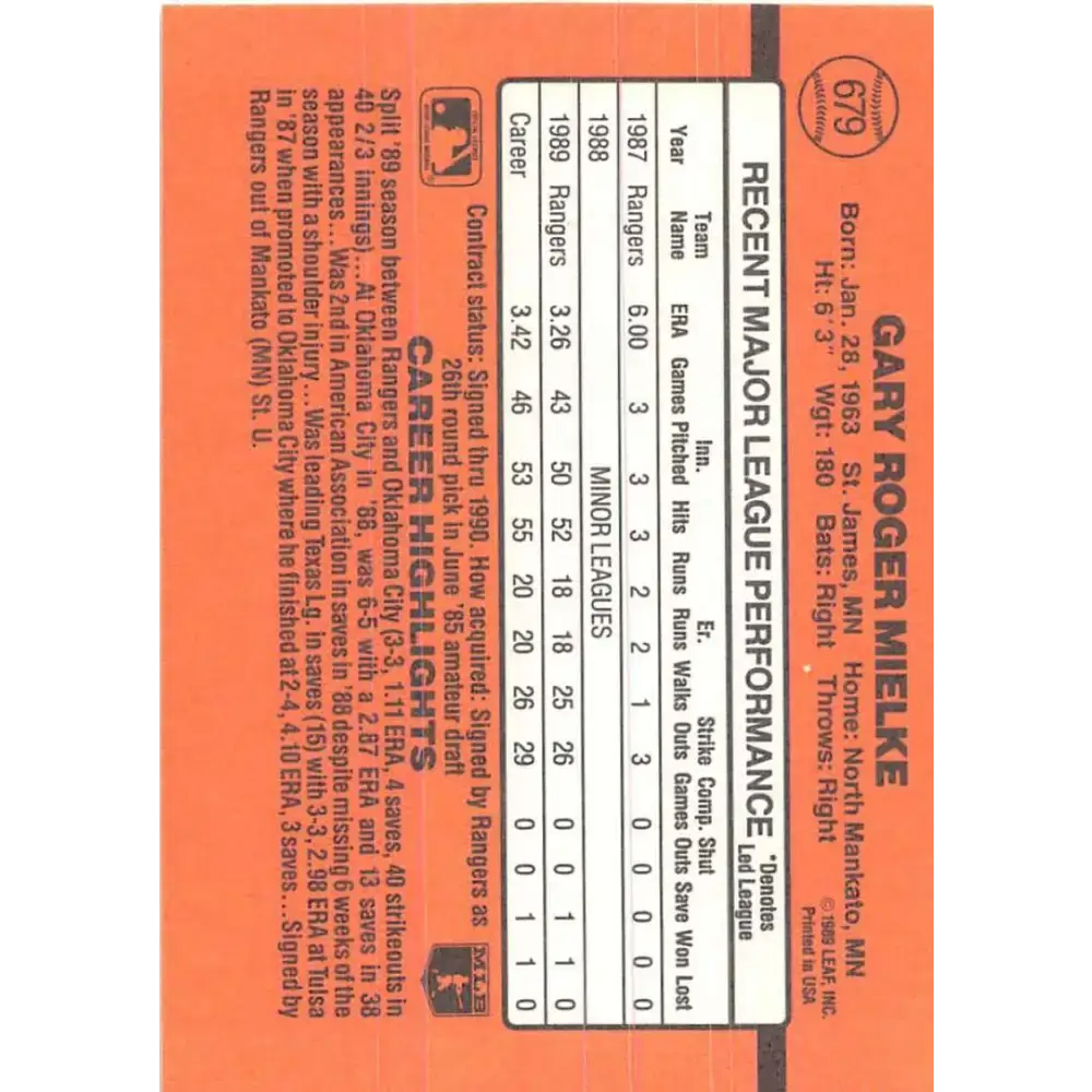 1990 Donruss #679 Gary Mielke VG-EX RC Rookie Texas Rangers Baseball Card - Baseball Card Single