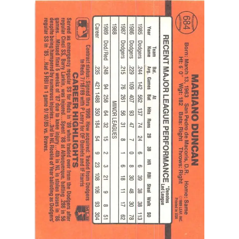 1990 Donruss #684 Mariano Duncan VG-EX Cincinnati Reds Baseball Card - Baseball Card Single