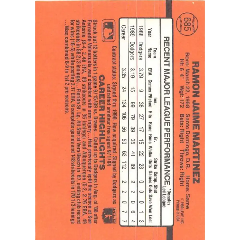 1990 Donruss #685 Ramon Martinez VG-EX Los Angeles Dodgers Baseball Card - Baseball Card Single