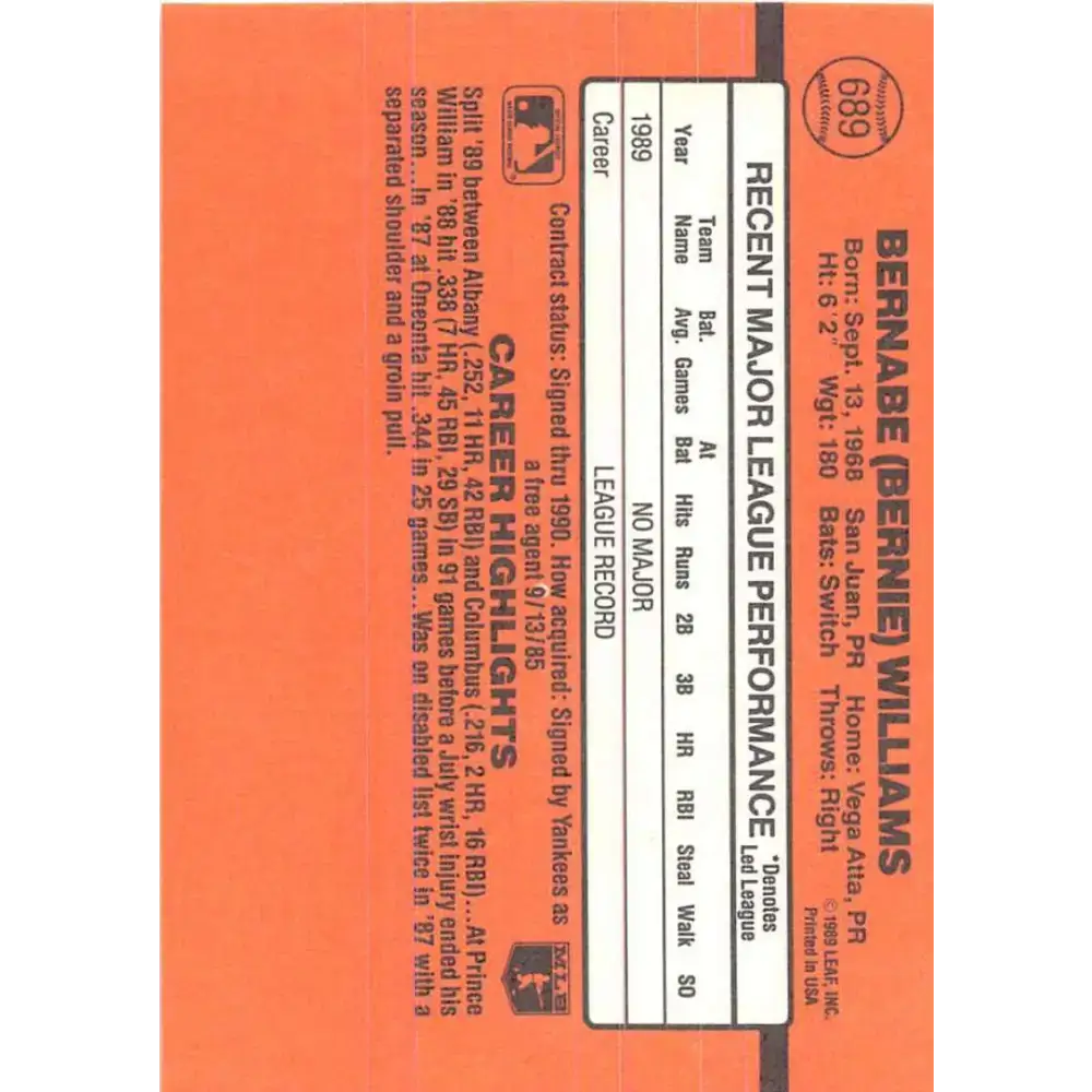 1990 Donruss #689 Bernie Williams VG-EX RC Rookie New York Yankees Baseball Card - Baseball Card Single