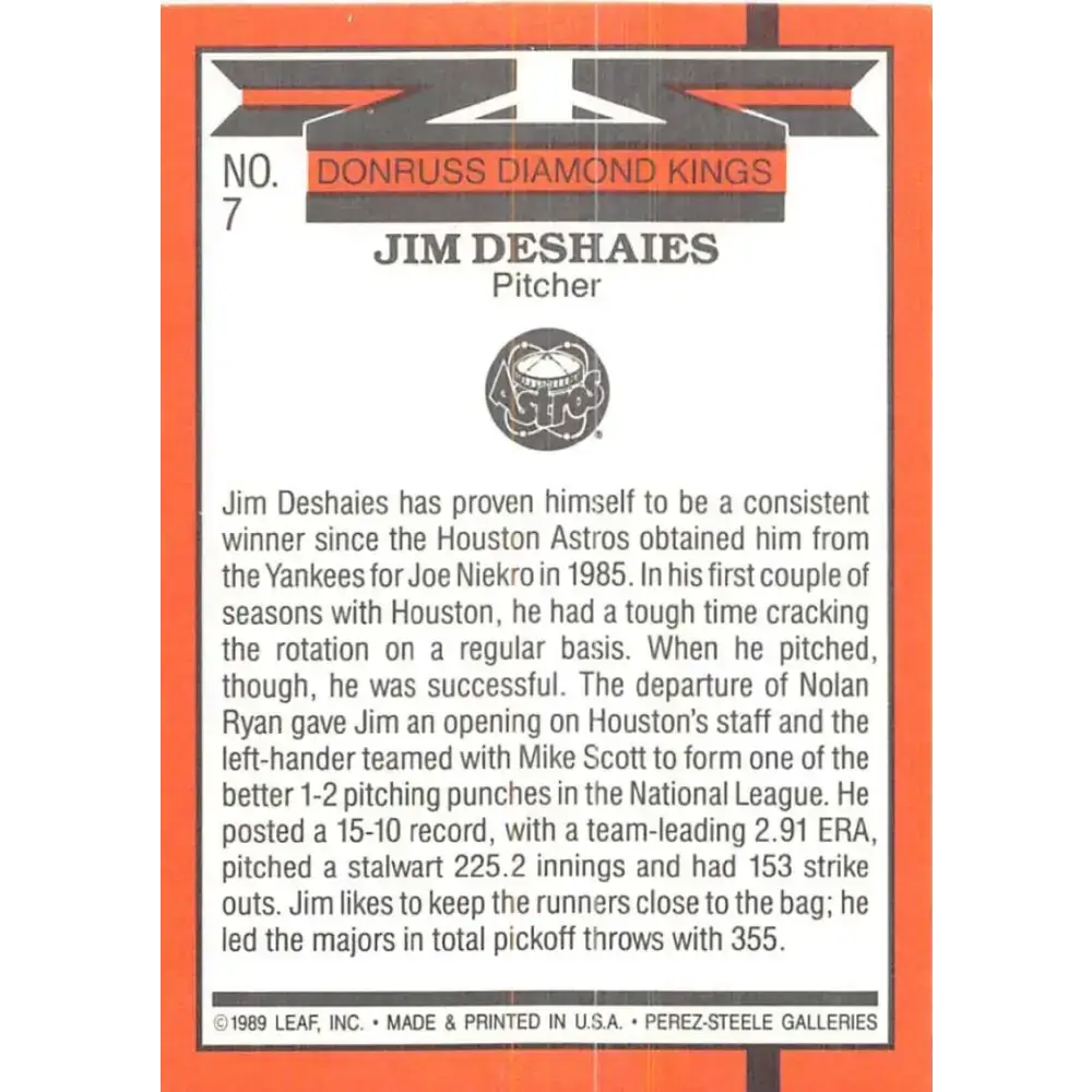 1990 Donruss #7 Jim Deshaies DK DP VG-EX Houston Astros Baseball Card - Baseball Card Single
