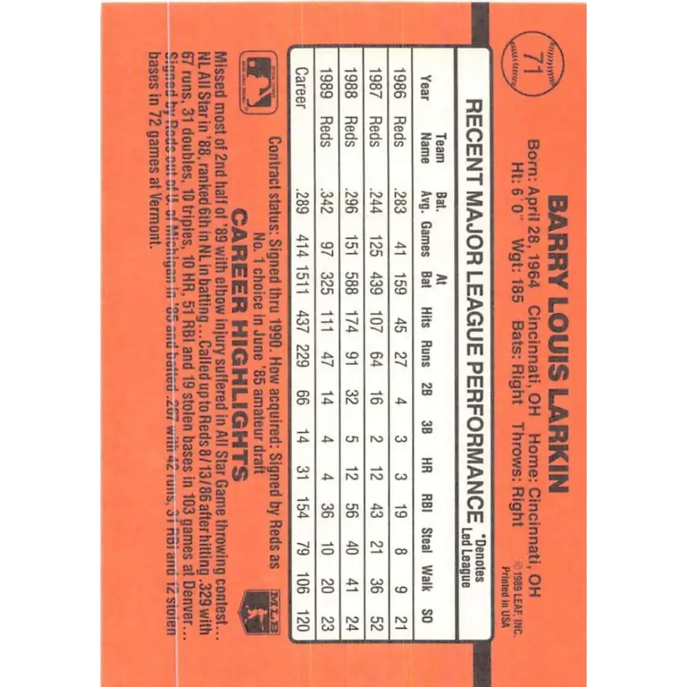 1990 Donruss #71 Barry Larkin VG-EX Cincinnati Reds Baseball Card - Baseball Card Single