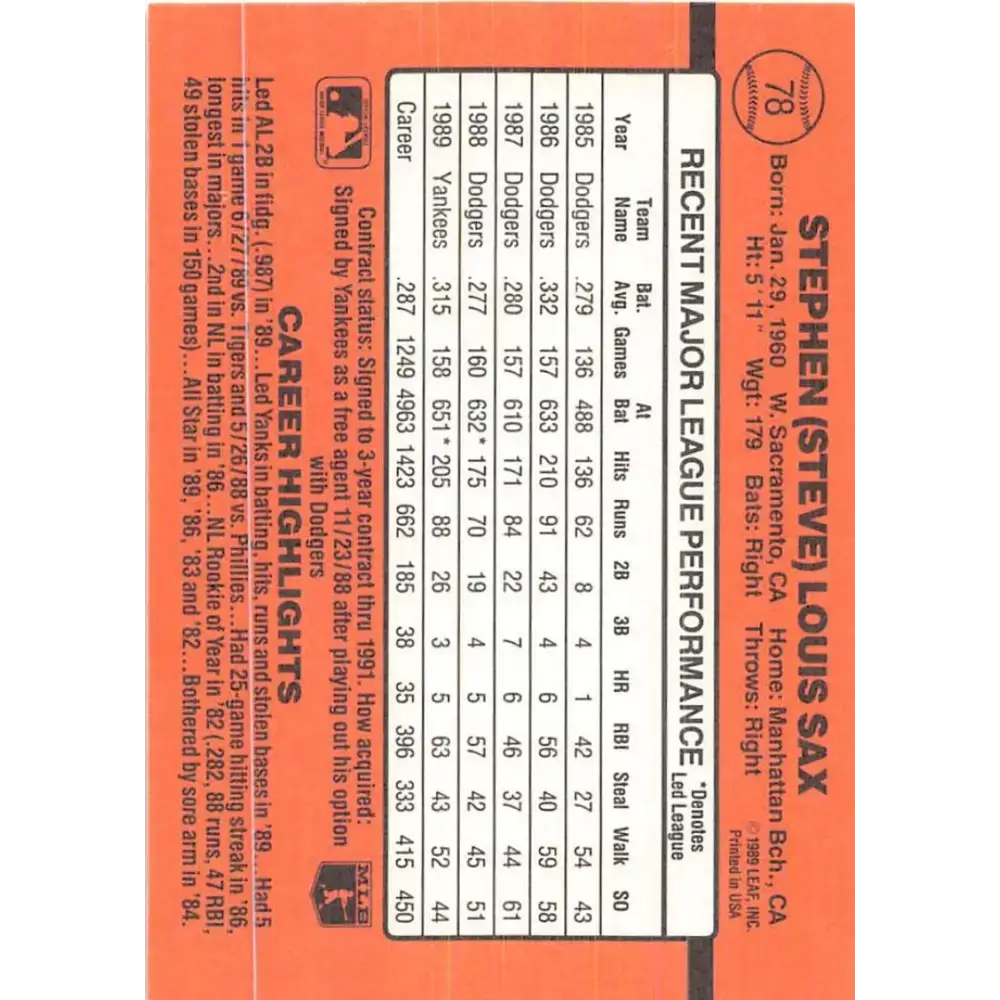 1990 Donruss #78 Steve Sax VG-EX New York Yankees Baseball Card - Baseball Card Single