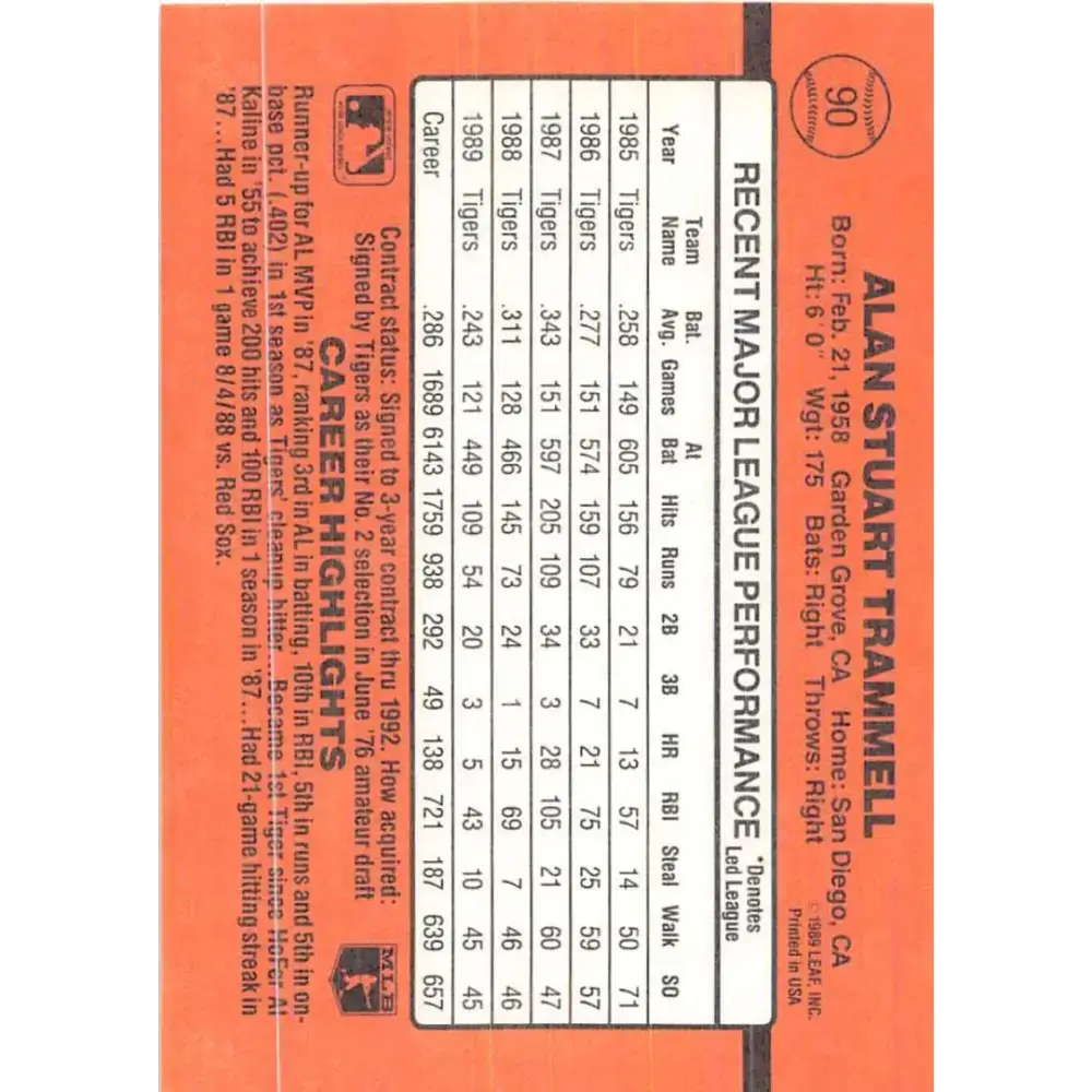 1990 Donruss #90 Alan Trammell VG-EX Detroit Tigers Baseball Card - Baseball Card Single