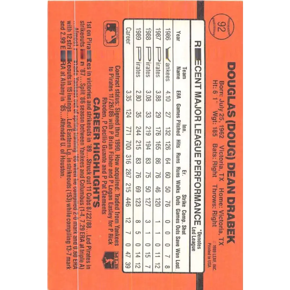 1990 Donruss #92 Doug Drabek VG-EX Pittsburgh Pirates Baseball Card - Baseball Card Single