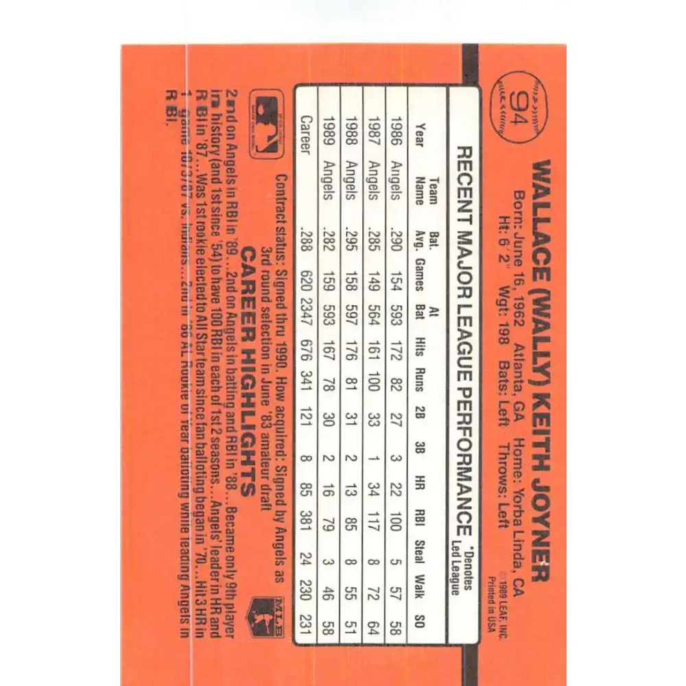 1990 Donruss #94 Wally Joyner VG-EX California Angels Baseball Card - Baseball Card Single