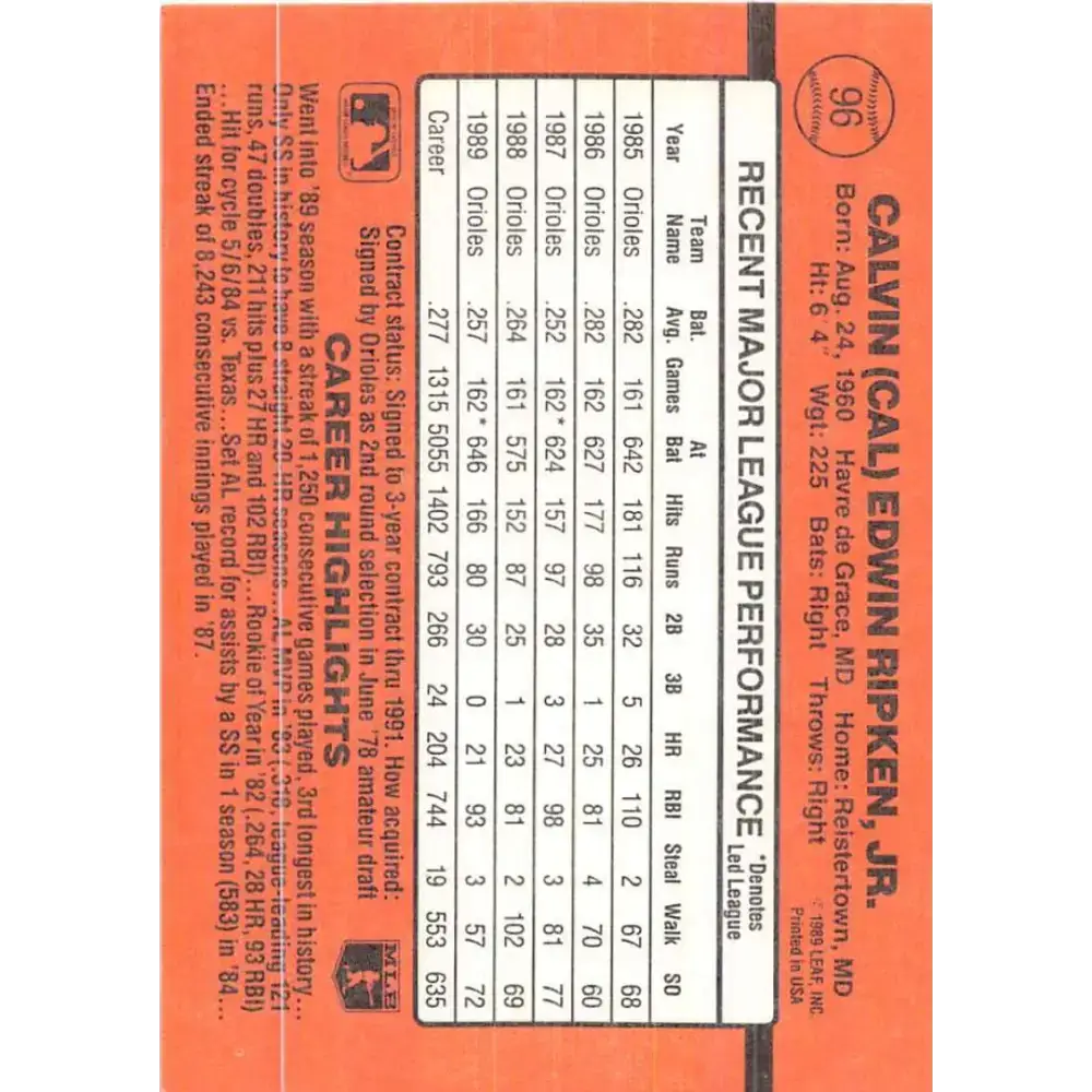 1990 Donruss #96 Cal Ripken Jr. VG-EX Baltimore Orioles Baseball Card - Baseball Card Single