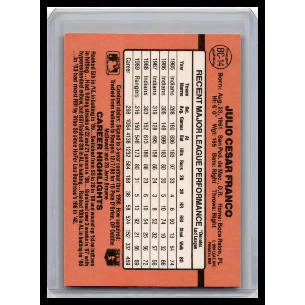 1990 Donruss #BC-14 Julio Franco NM-MT Texas Rangers Baseball Card - Baseball Card Single