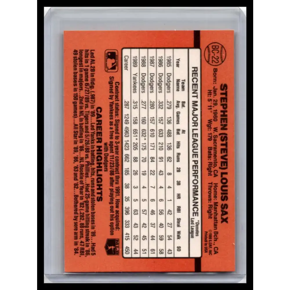 1990 Donruss #BC-22 Steve Sax NM-MT New York Yankees Baseball Card - Baseball Card Single