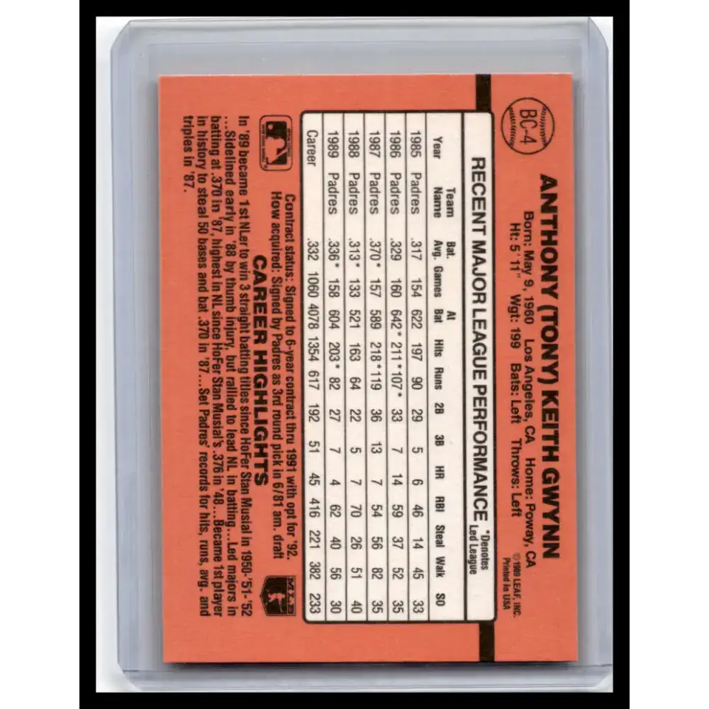 1990 Donruss #BC-4 Tony Gwynn NM-MT San Diego Padres Baseball Card - Baseball Card Single