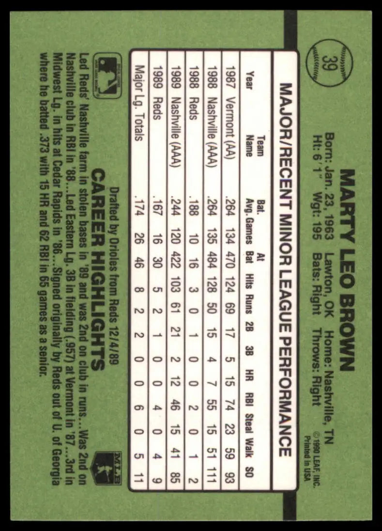 1990 Donruss The Rookies Marty Brown 39 Baltimore Orioles NM - Baseball Card Single