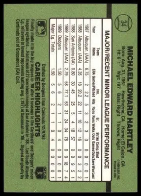 1990 Donruss The Rookies Mike Hartley 34 Los Angeles Dodgers - Baseball Card Single