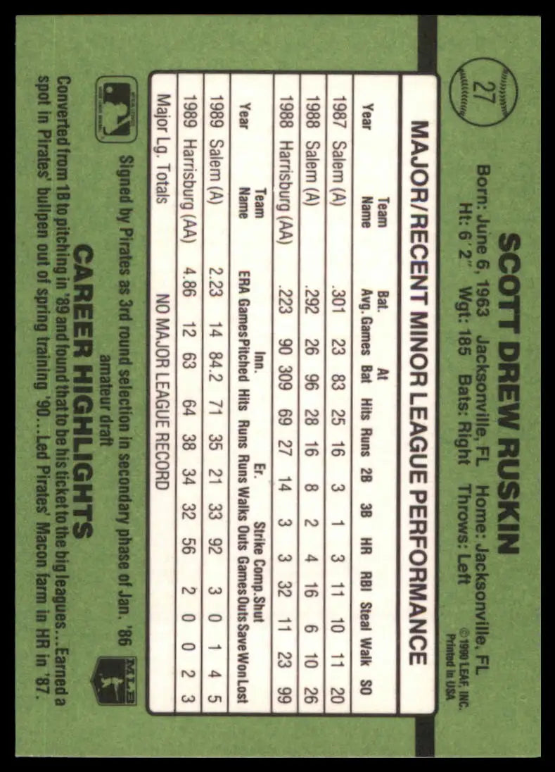 1990 Donruss The Rookies Scott Ruskin 27 Pittsburgh Pirates NM - Baseball Card Single