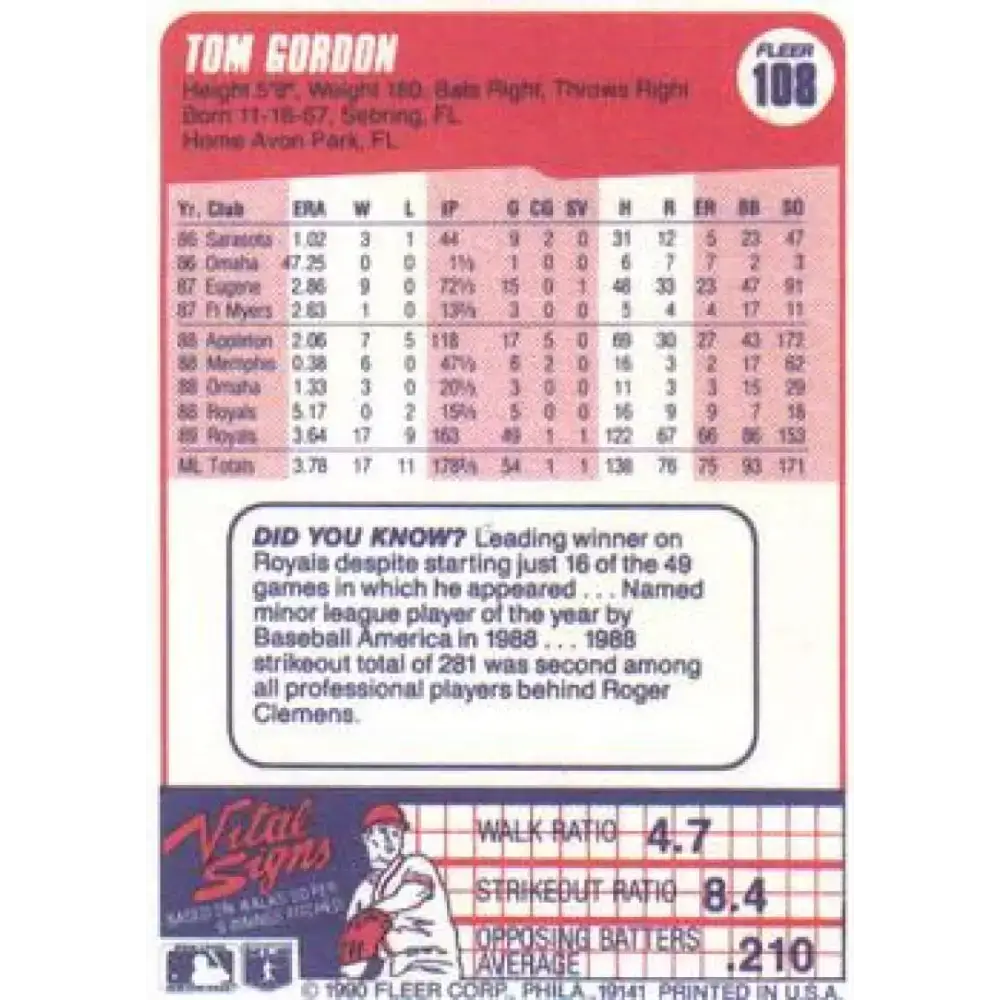 1990 Fleer #108 Tom Gordon NM-MT Kansas City Royals Baseball Card - Baseball Card Single