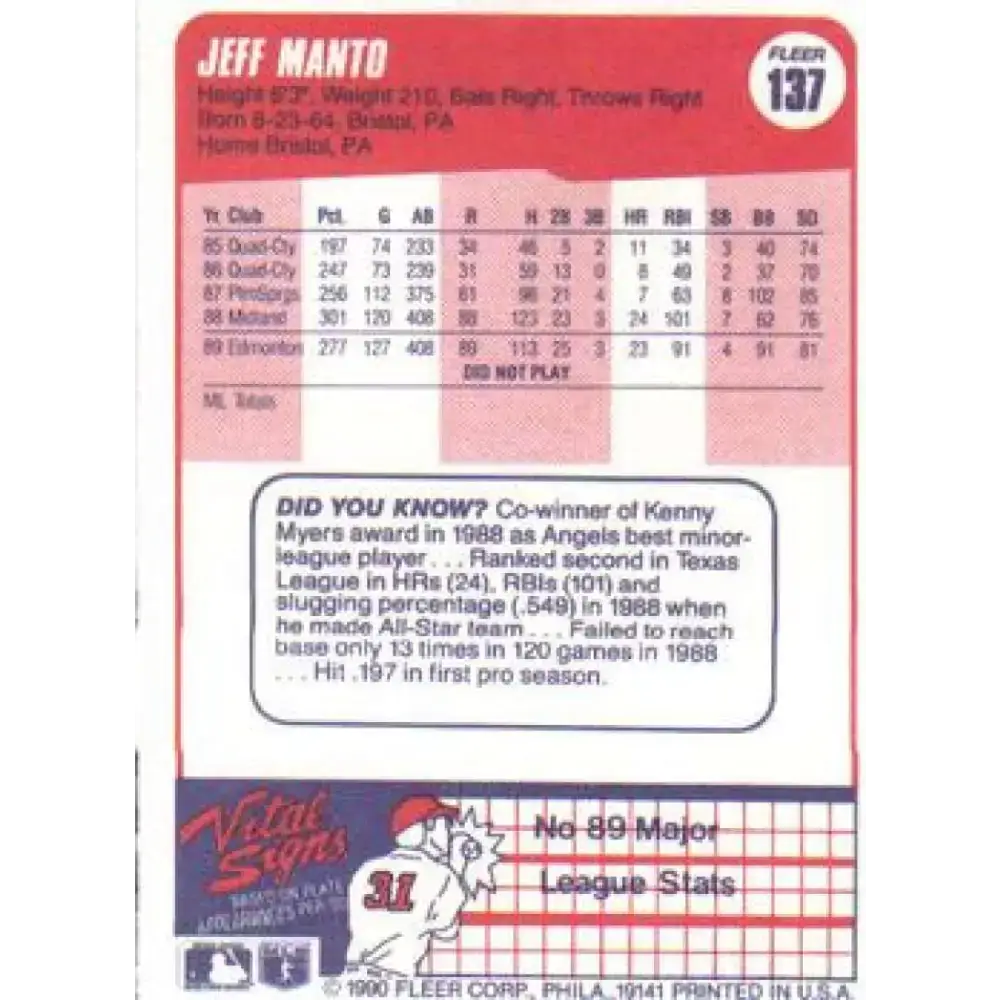 1990 Fleer #137 Jeff Manto NM-MT California Angels Baseball Card - Baseball Card Single