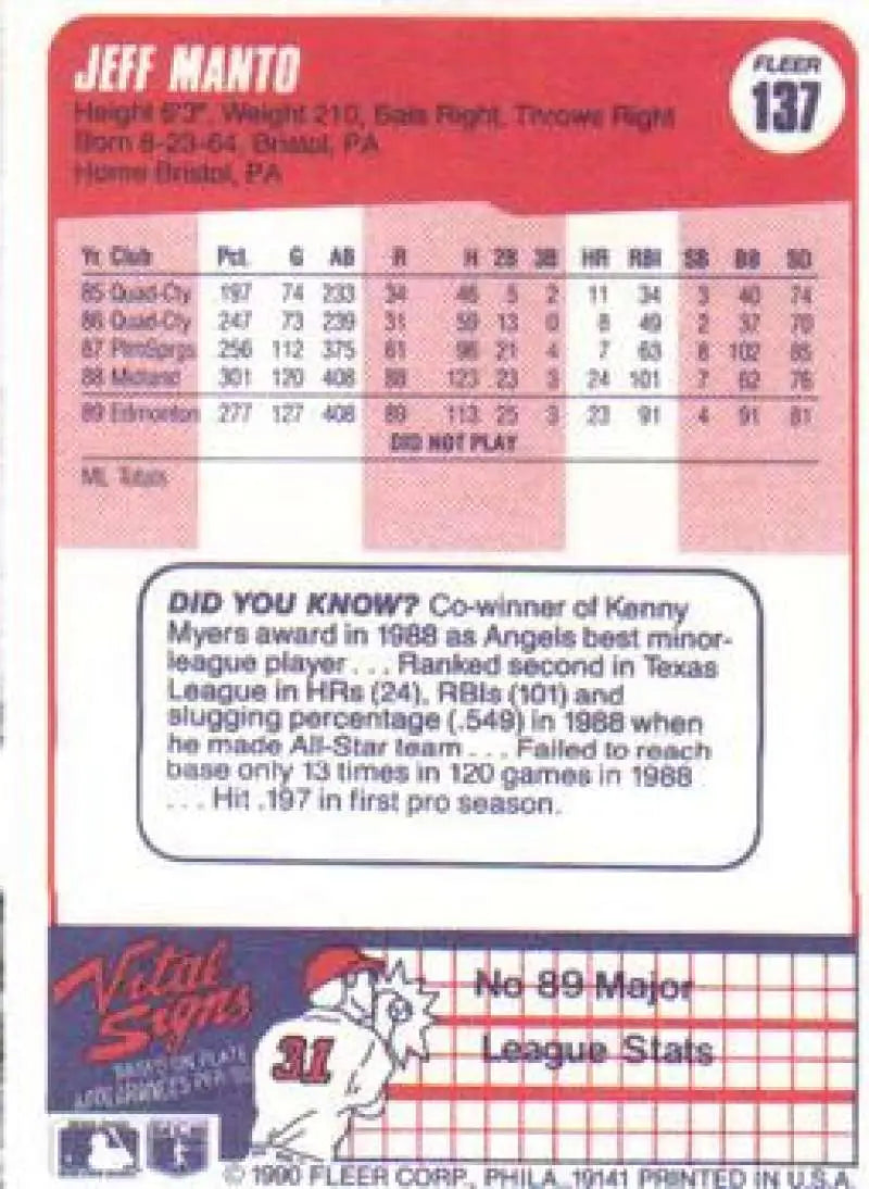 1990 Fleer #137 Jeff Manto NM-MT California Angels Baseball Card - Baseball Card Single