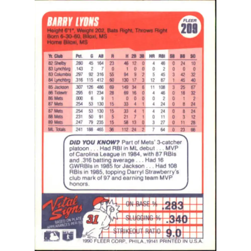 1990 Fleer #209 Barry Lyons UER NM-MT New York Mets Baseball Card - Baseball Card Single