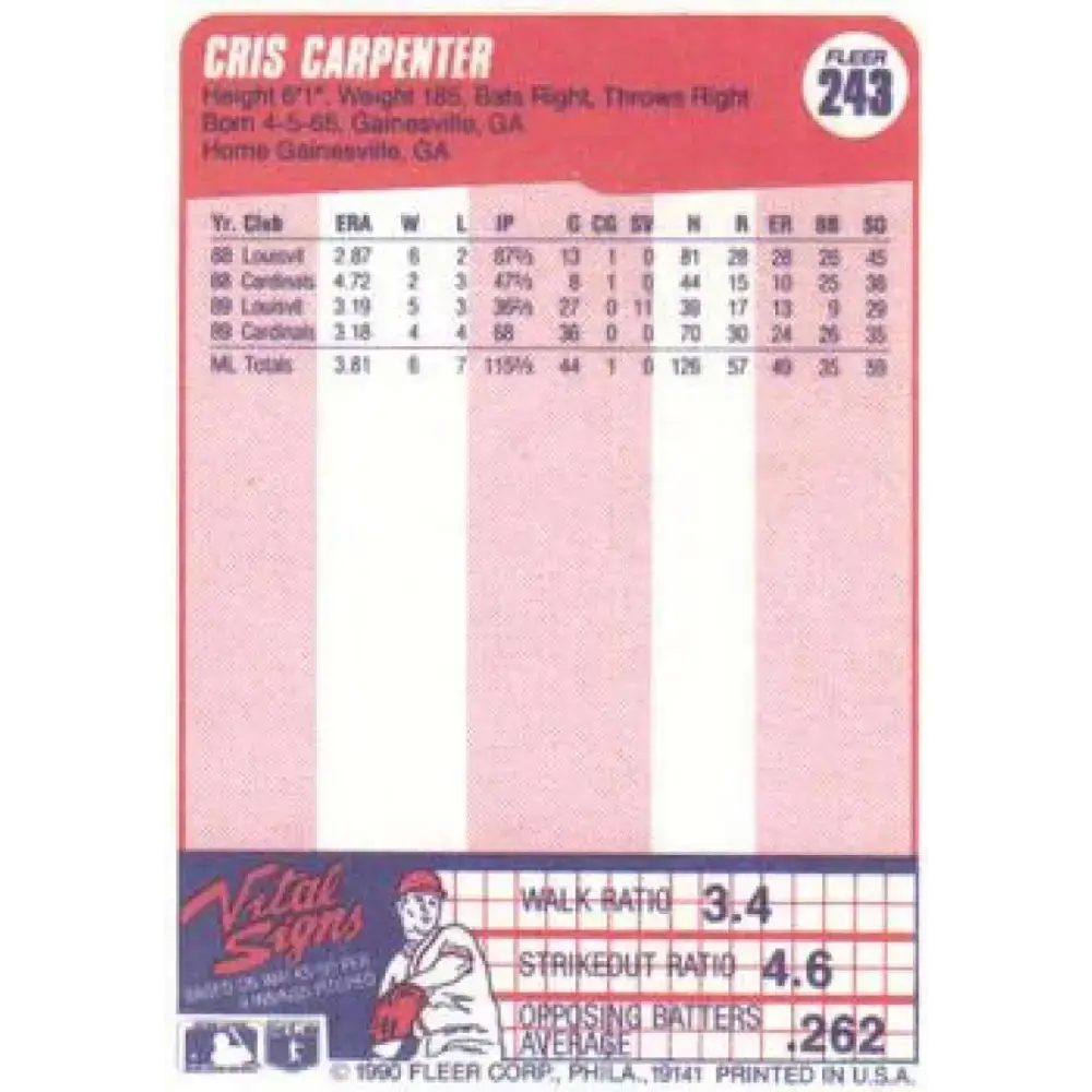 1990 Fleer #243 Cris Carpenter NM-MT St. Louis Cardinals Baseball Card - Baseball Card Single