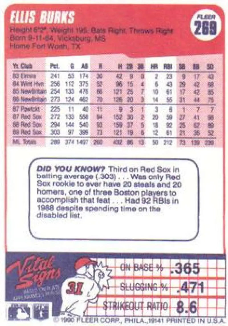 1990 Fleer #269 Ellis Burks NM-MT Boston Red Sox Baseball Card - Baseball Card Single