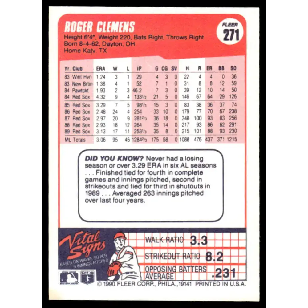 1990 Fleer #271 Roger Clemens EX/NM Boston Red Sox Baseball Card - Baseball Card Single