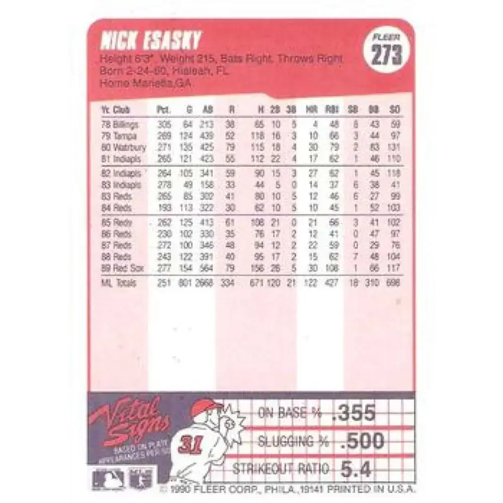 1990 Fleer #273 Nick Esasky NM-MT Boston Red Sox Baseball Card - Baseball Card Single