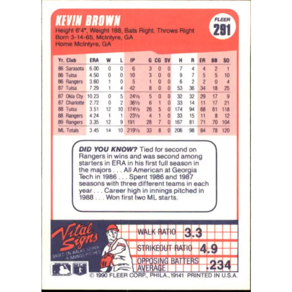 1990 Fleer #291 Kevin Brown NM-MT Texas Rangers Baseball Card - Baseball Card Single