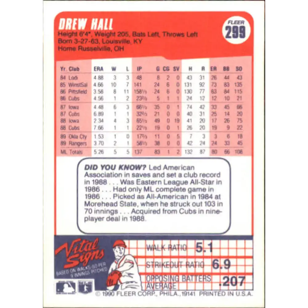 1990 Fleer #299 Drew Hall NM-MT Texas Rangers Baseball Card - Baseball Card Single