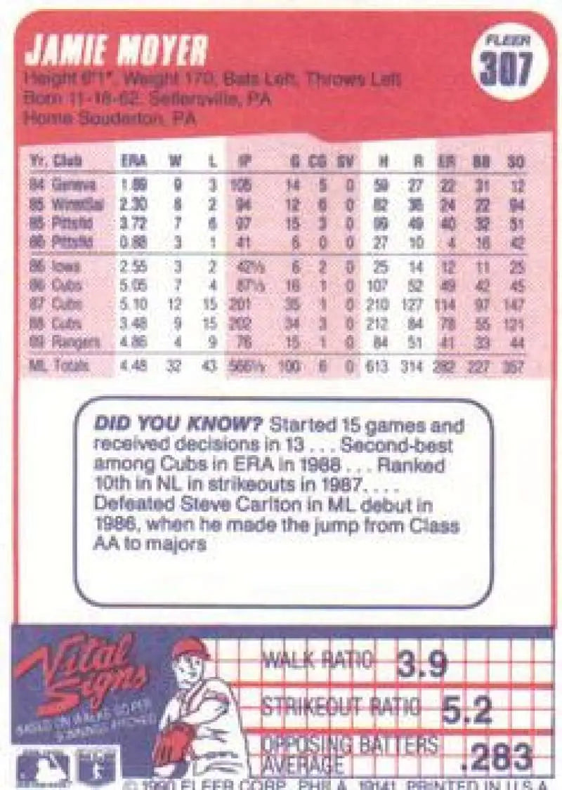 1990 Fleer #307 Jamie Moyer NM-MT Texas Rangers Baseball Card - Baseball Card Single