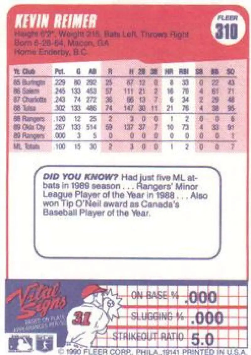 1990 Fleer #310 Kevin Reimer NM-MT Texas Rangers Baseball Card - Baseball Card Single