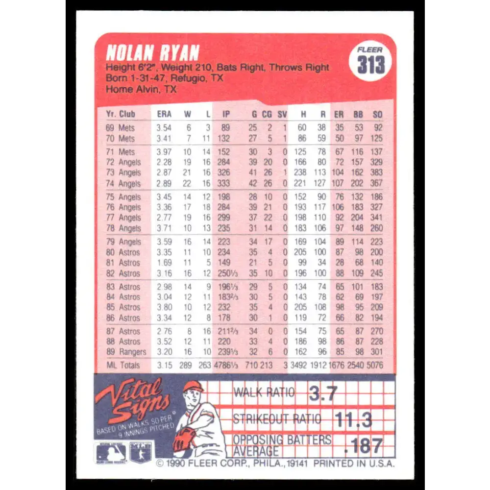 1990 Fleer #313 Nolan Ryan EX/NM Texas Rangers Baseball Card - Baseball Card Single
