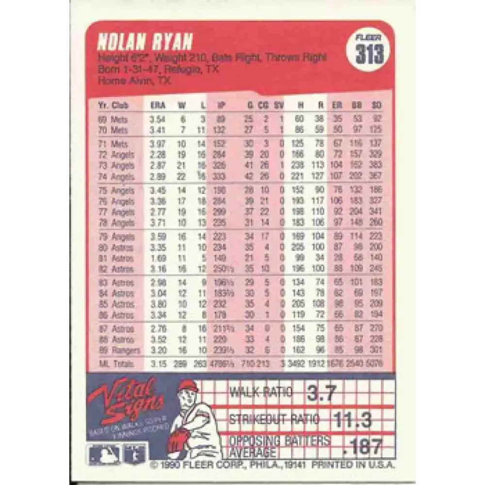 1990 Fleer #313 Nolan Ryan NM-MT Texas Rangers Baseball Card - Baseball Card Single