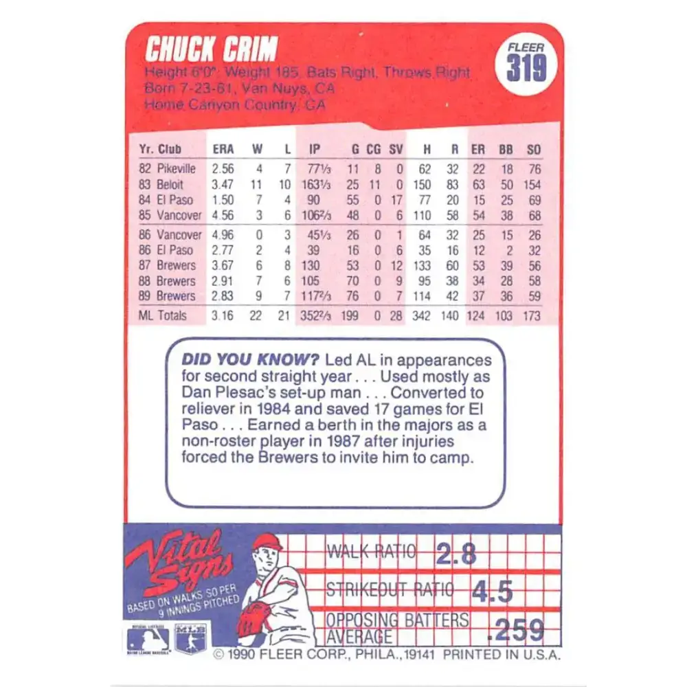 1990 Fleer #319 Chuck Crim NM-MT Milwaukee Brewers Baseball Card - Baseball Card Single