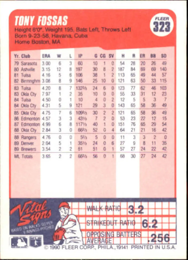 1990 Fleer #323 Tony Fossas NM-MT RC Rookie Milwaukee Brewers Baseball Card - Baseball Card Single