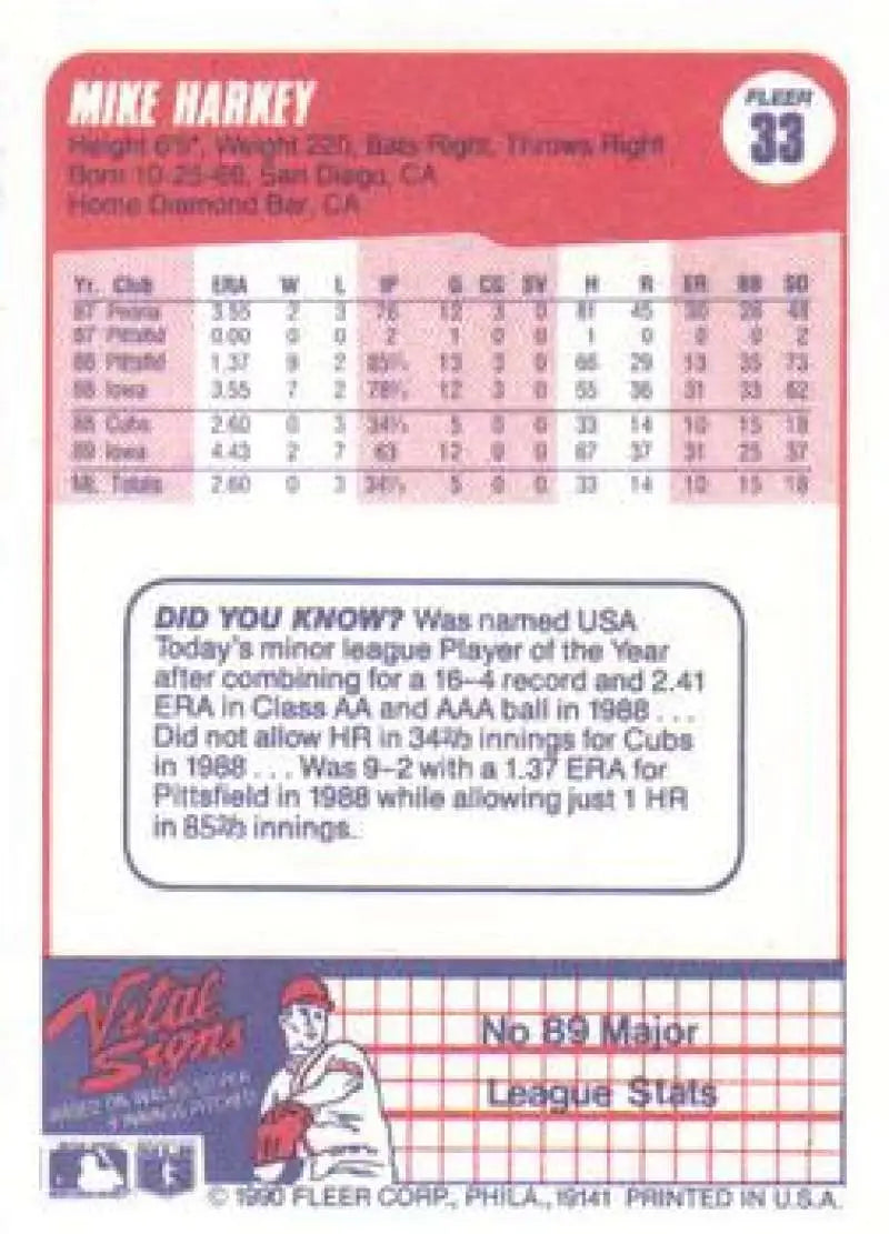 1990 Fleer #33 Mike Harkey NM-MT Chicago Cubs Baseball Card - Baseball Card Single