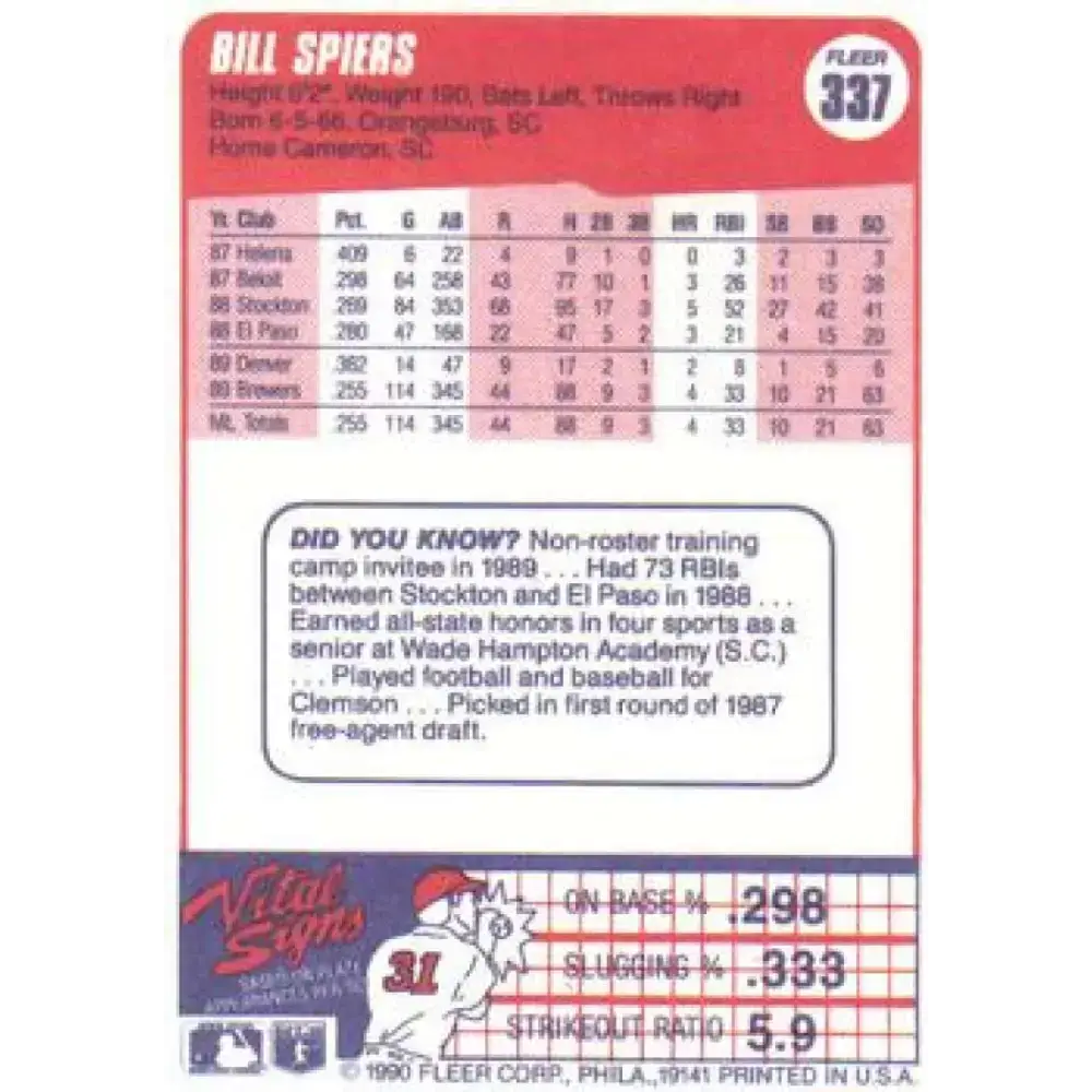 1990 Fleer #337 Bill Spiers NM-MT Milwaukee Brewers Baseball Card - Baseball Card Single