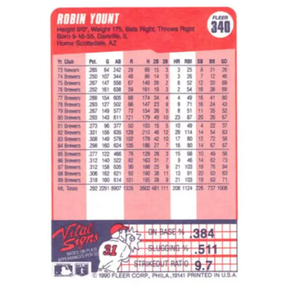 1990 Fleer #340 Robin Yount NM-MT Milwaukee Brewers Baseball Card - Baseball Card Single