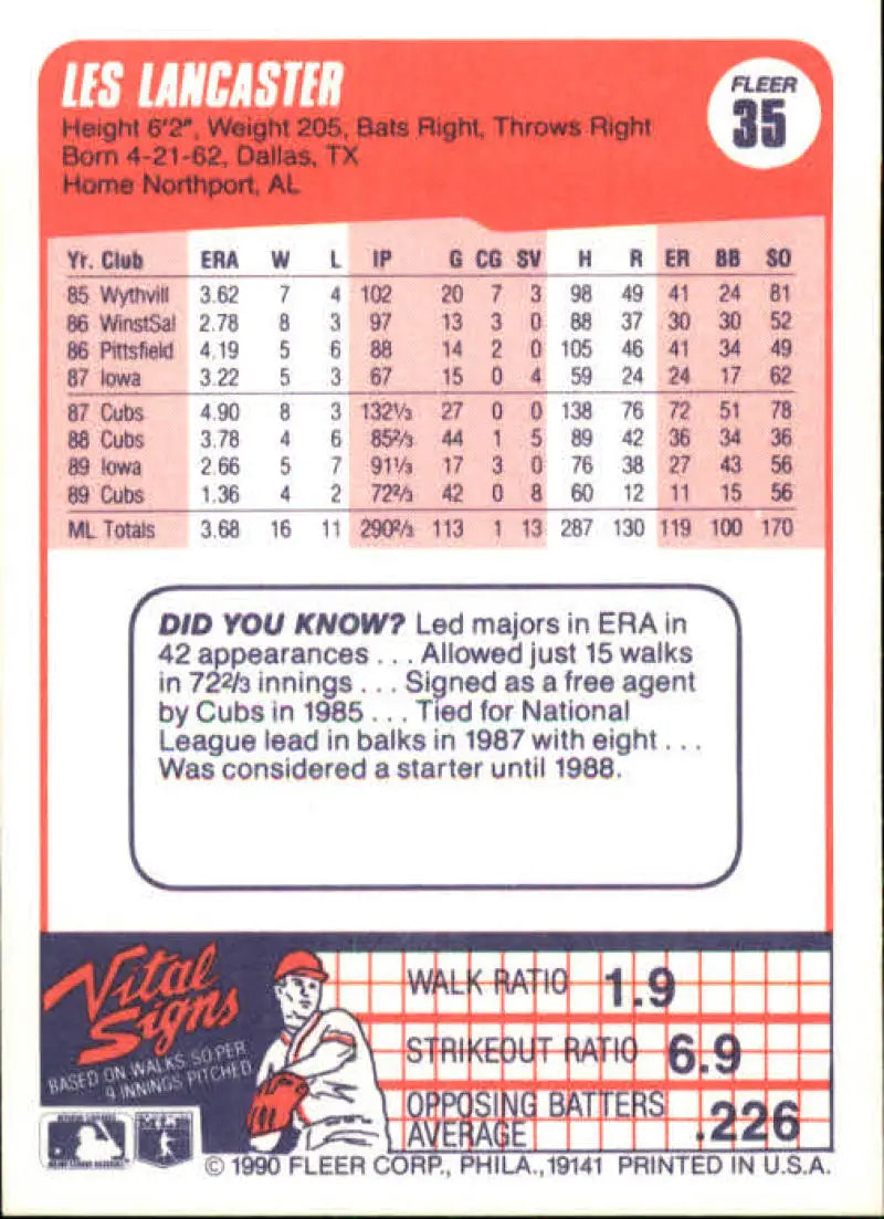 1990 Fleer #35 Les Lancaster NM-MT Chicago Cubs Baseball Card - Baseball Card Single