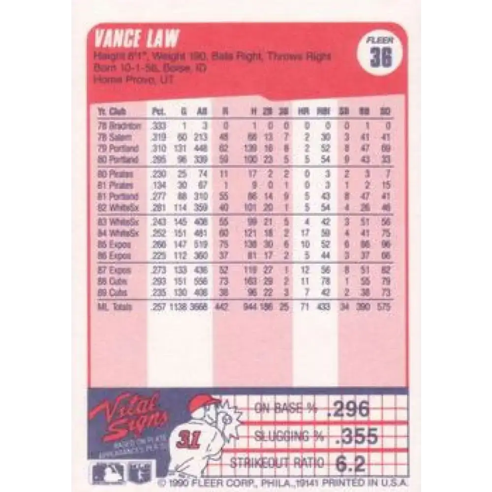 1990 Fleer #36 Vance Law NM-MT Chicago Cubs Baseball Card - Baseball Card Single