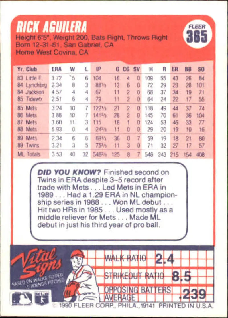 1990 Fleer #365 Rick Aguilera NM-MT Minnesota Twins Baseball Card - Baseball Card Single