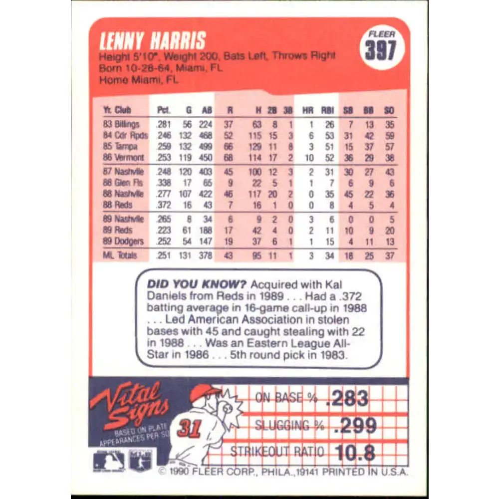 1990 Fleer #397 Lenny Harris NM-MT Los Angeles Dodgers Baseball Card - Baseball Card Single