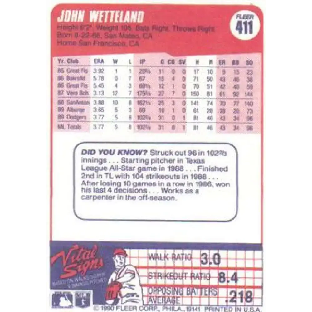 1990 Fleer #411 John Wetteland NM-MT Los Angeles Dodgers Baseball Card - Baseball Card Single