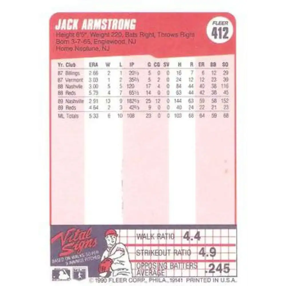 1990 Fleer #412 Jack Armstrong NM-MT Cincinnati Reds Baseball Card - Baseball Card Single