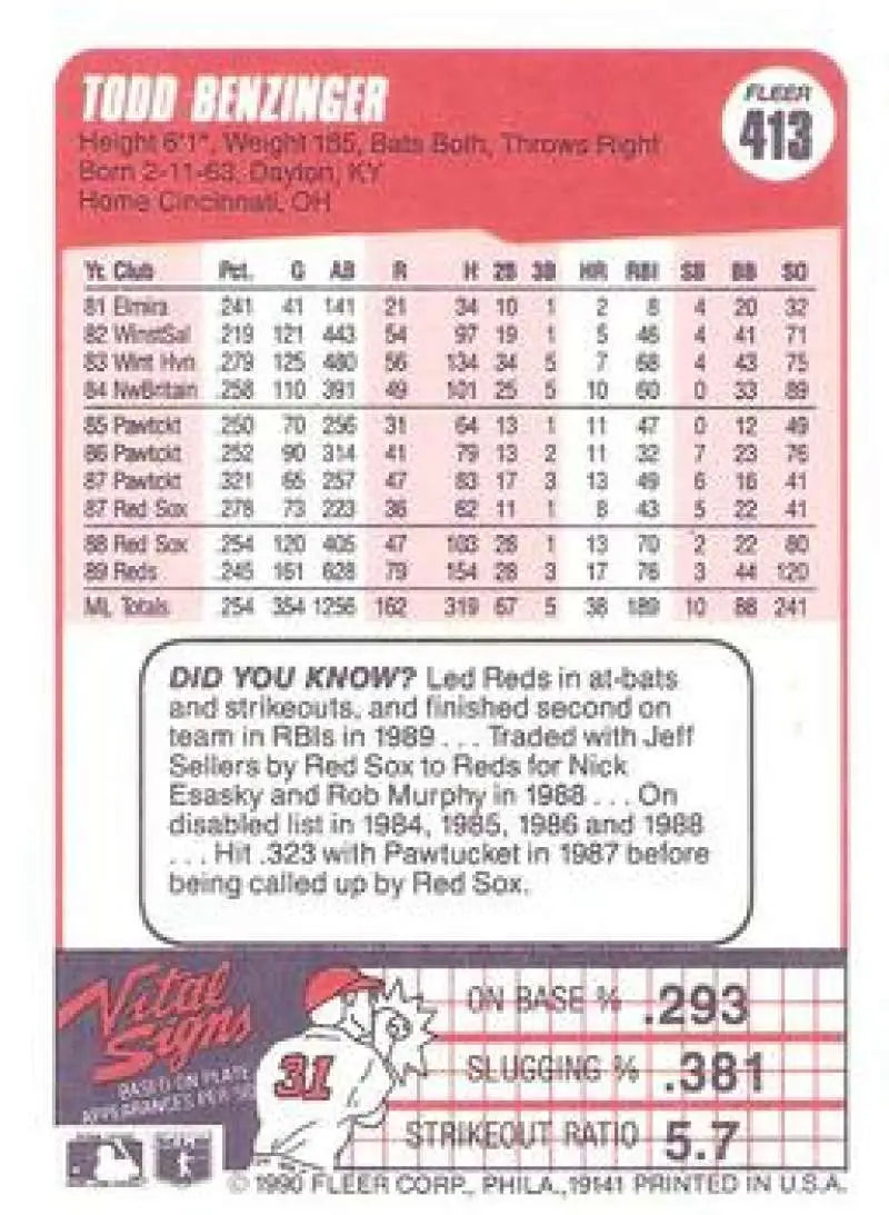 1990 Fleer #413 Todd Benzinger NM-MT Cincinnati Reds Baseball Card - Baseball Card Single