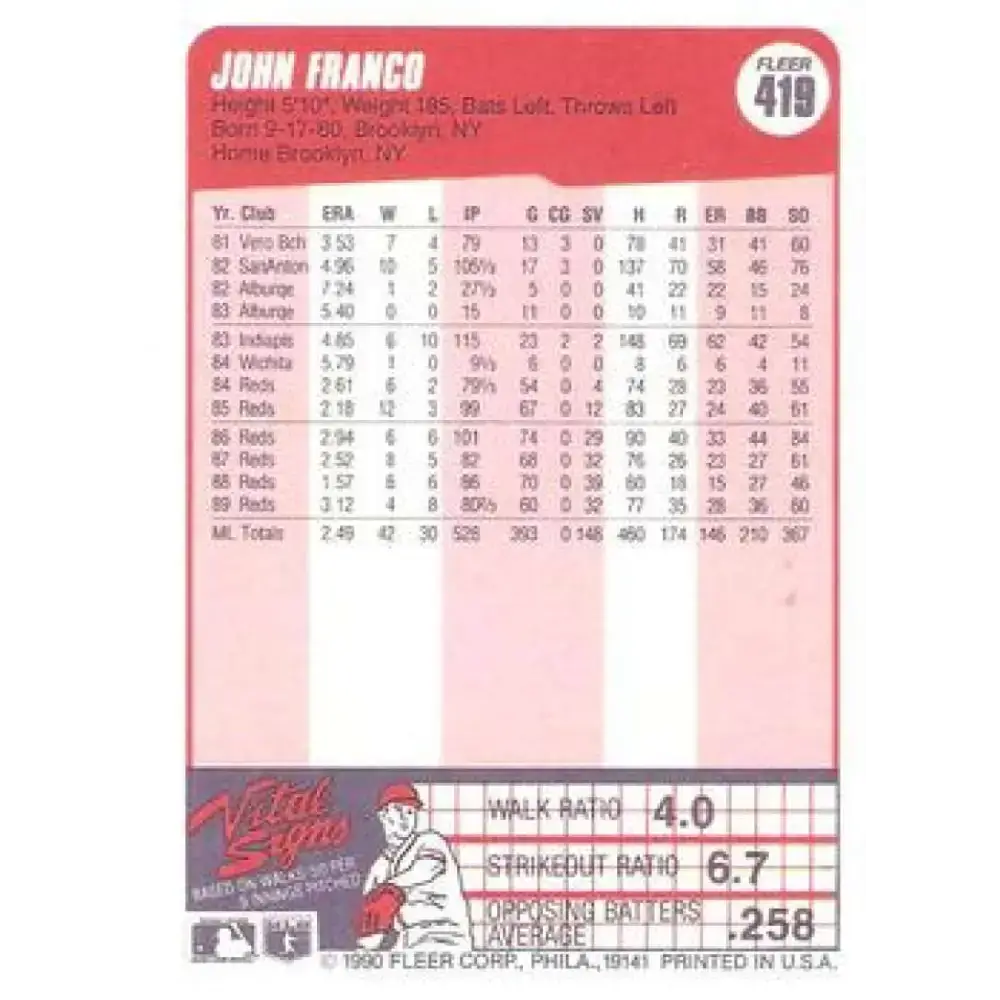 1990 Fleer #419 John Franco NM-MT Cincinnati Reds Baseball Card - Baseball Card Single