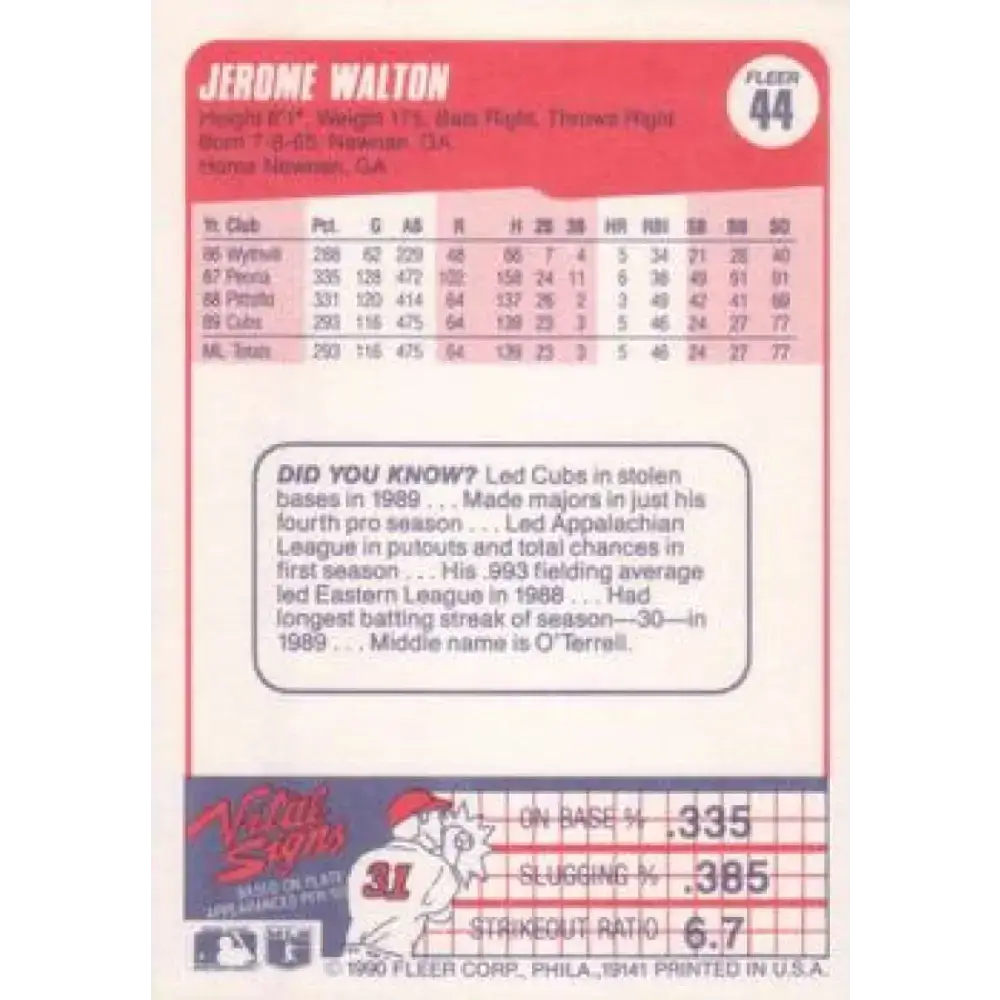 1990 Fleer #44 Jerome Walton NM-MT Chicago Cubs Baseball Card