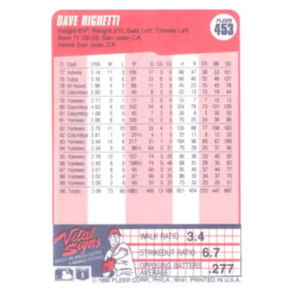1990 Fleer #453 Dave Righetti NM-MT New York Yankees Baseball Card - Baseball Card Single