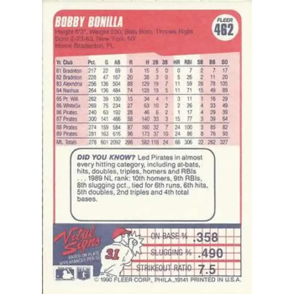 1990 Fleer #462 Bobby Bonilla NM-MT Pittsburgh Pirates Baseball Card - Baseball Card Single