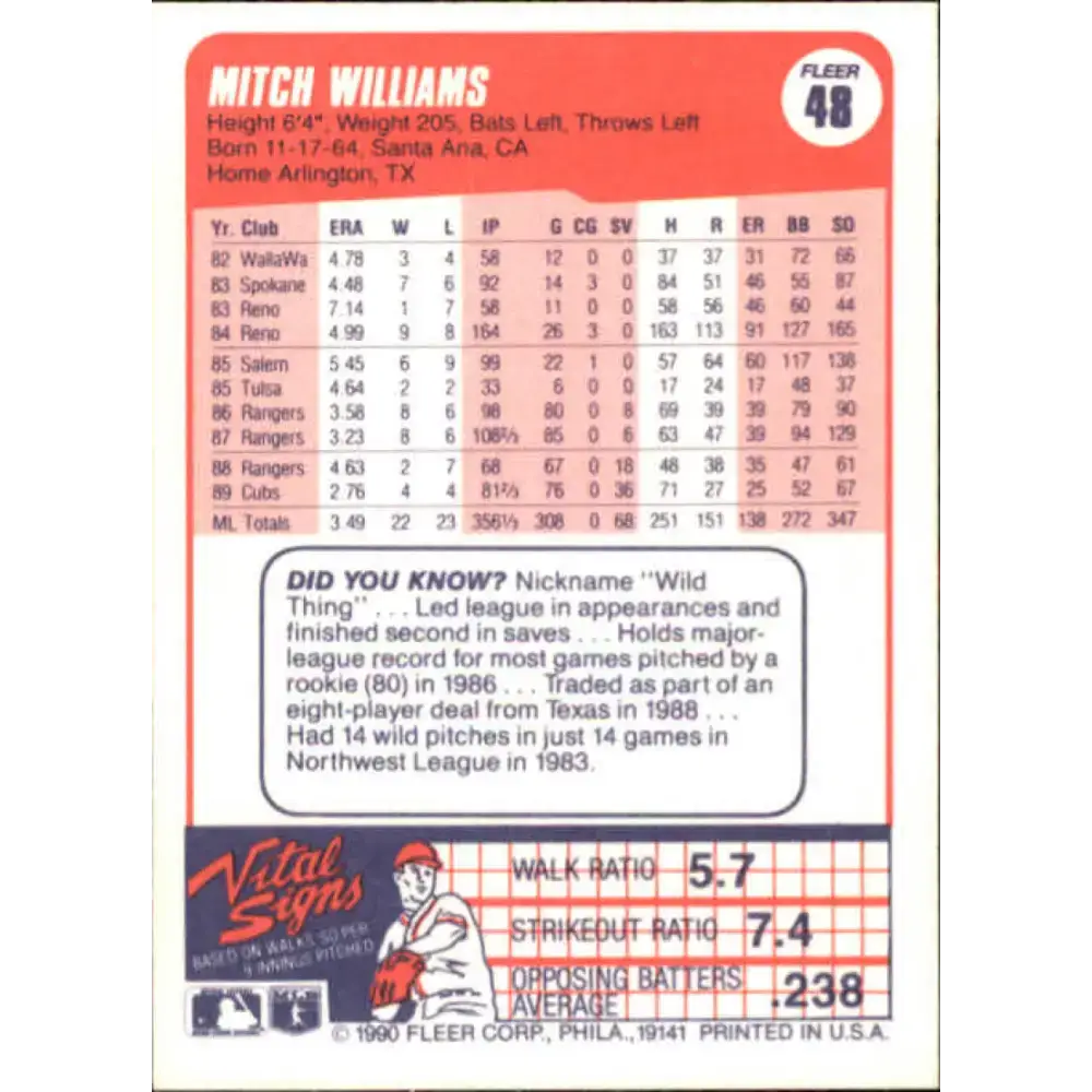 1990 Fleer #48 Mitch Williams NM-MT Chicago Cubs Baseball Card - Baseball Card Single